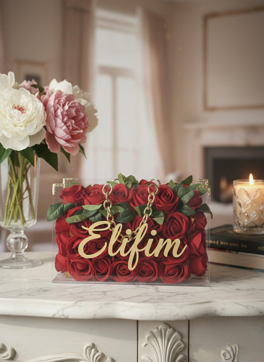 Kişiye Özel İsimli Kalıcı Gül Çanta ve balon  – Romantik Sevgililer Günü Hediye seti