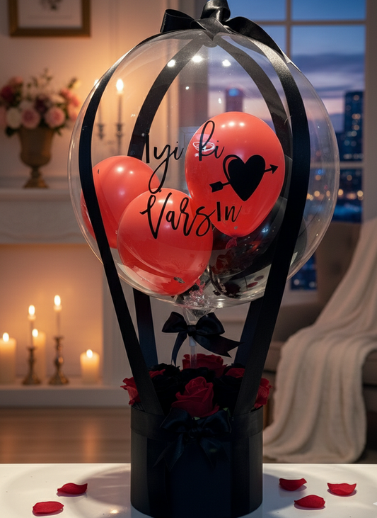 Aşk Kafesi Premium Kırmızı Gül & Kişiye Özel Şeffaf Balon Seti