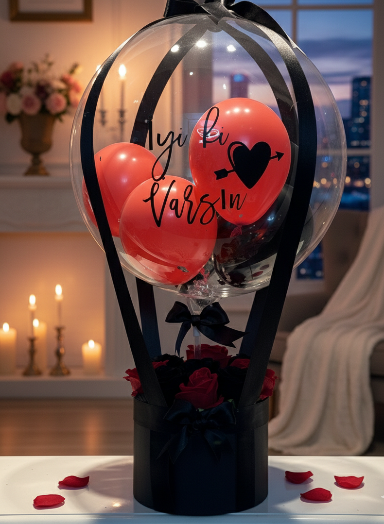 Aşk Kafesi Premium Kırmızı Gül & Kişiye Özel Şeffaf Balon