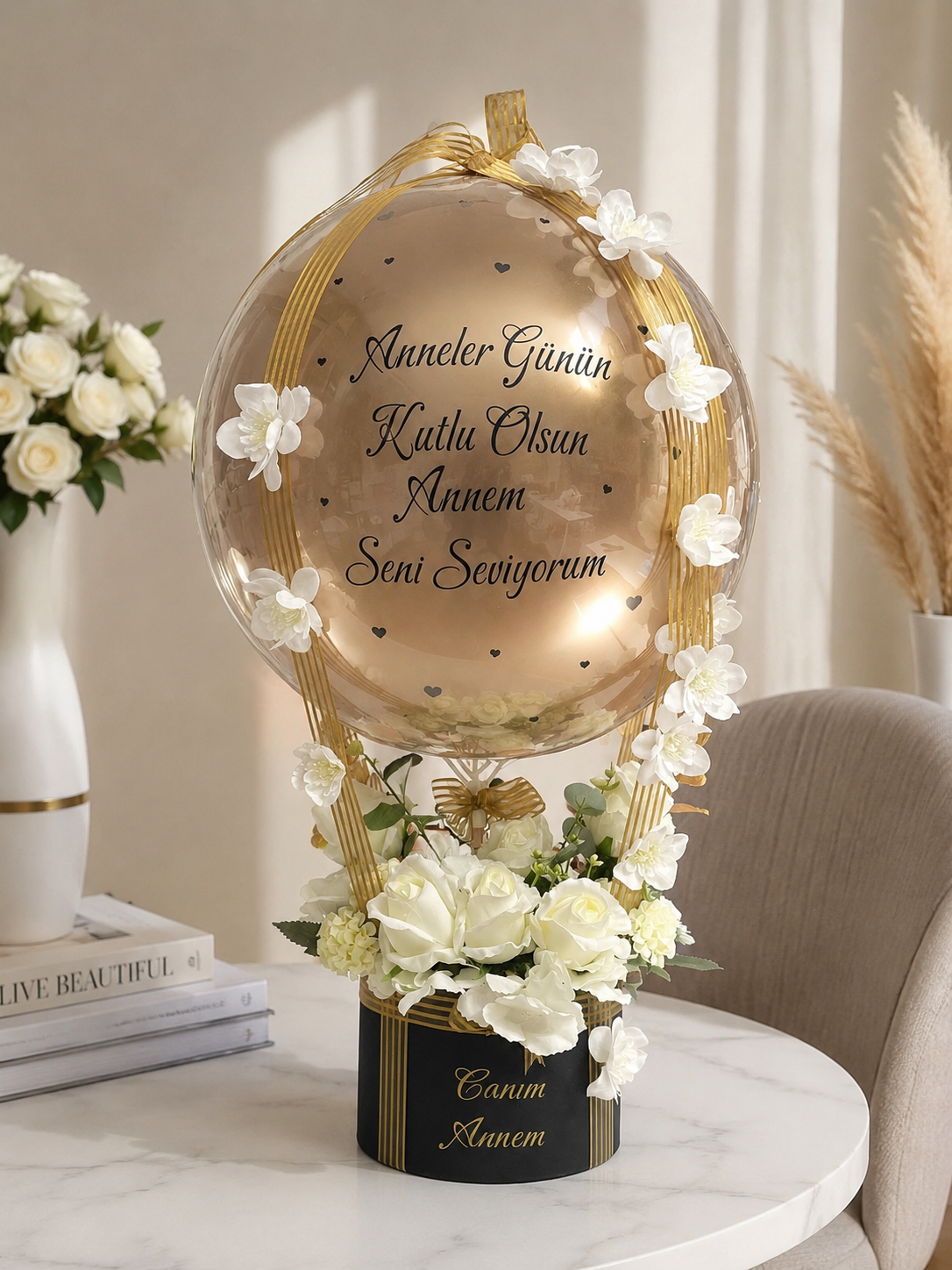 Gold Elegance Anneler Günü Balon Çiçek Kutusu