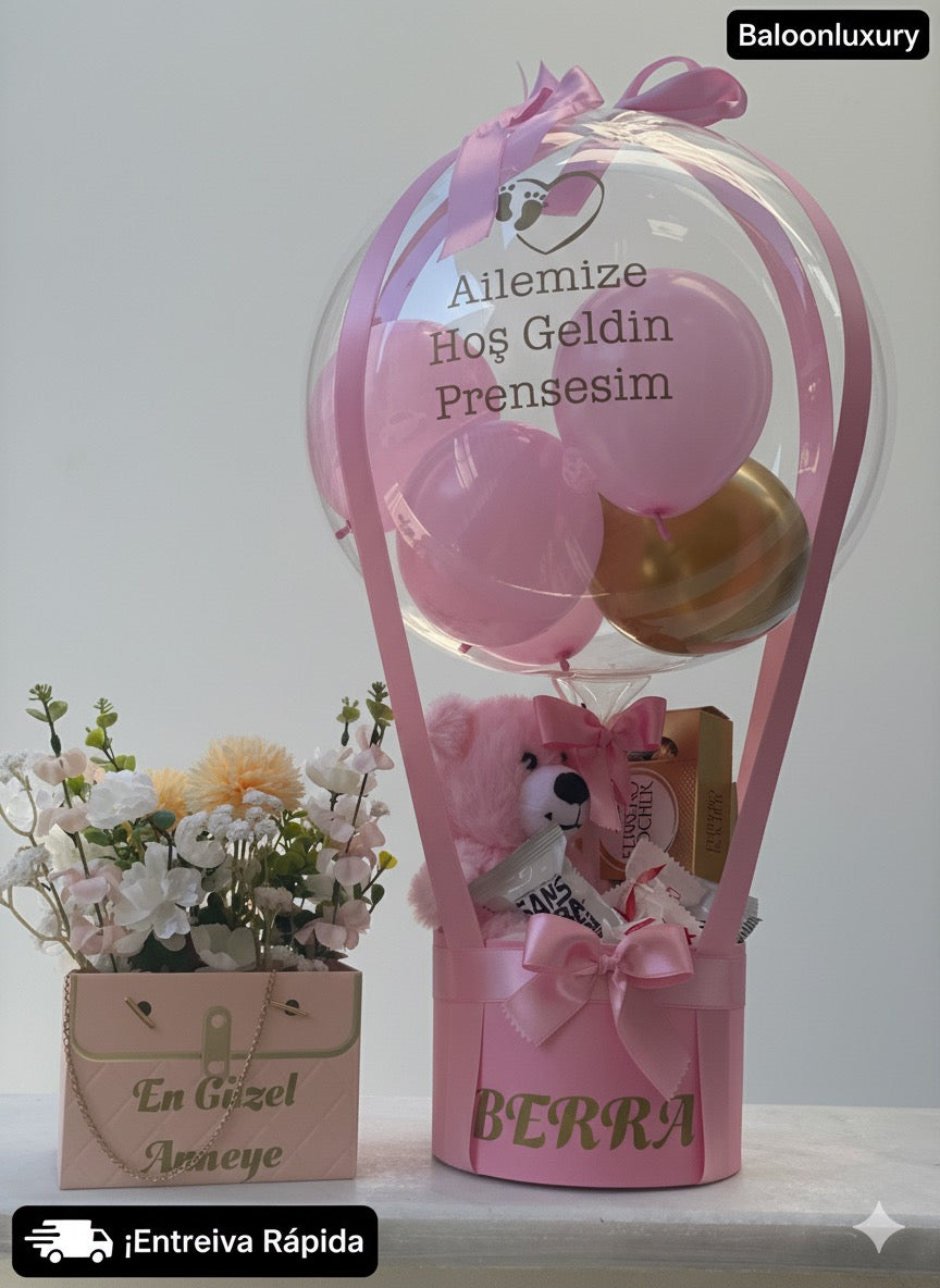 Ayıcıklı Çikolatalı Pembe Balon Kutusu