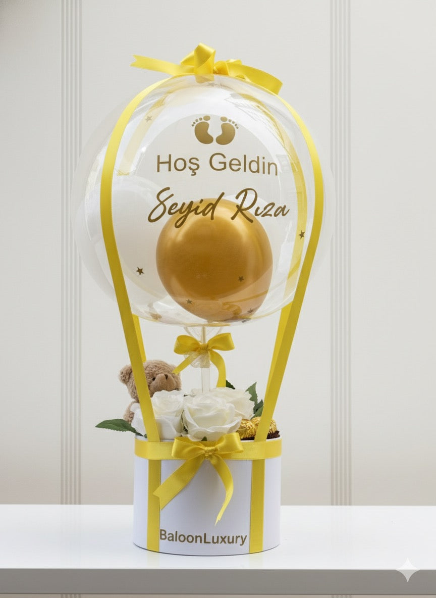 Ayıcıklı Çikolatalı Sarı Balon Kutusu